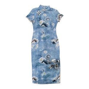 Lotus Floral Short Sleeve Midi Blue Cheongsam Qipao Chinese Dress Women's Size S